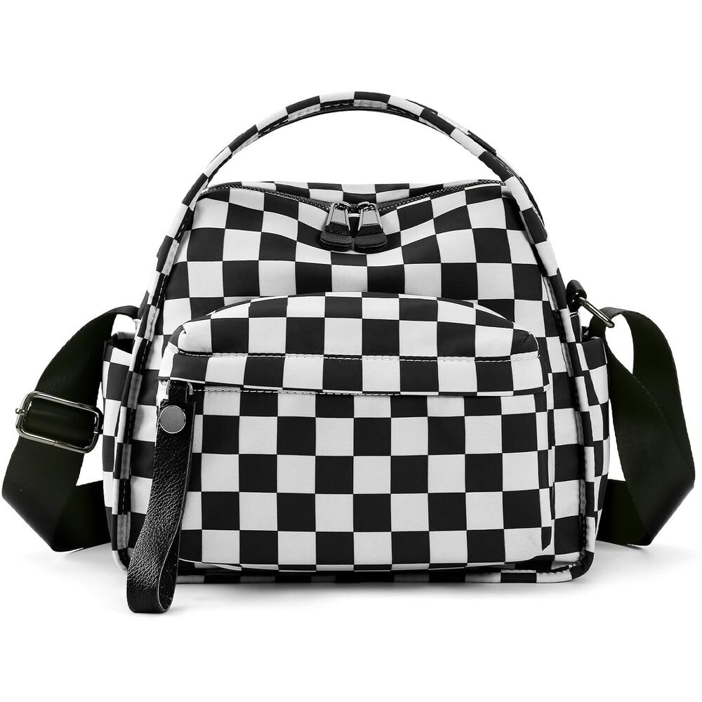 Checkered Nylon Crossbody Bags for Women Soft Handbag with Top Handle